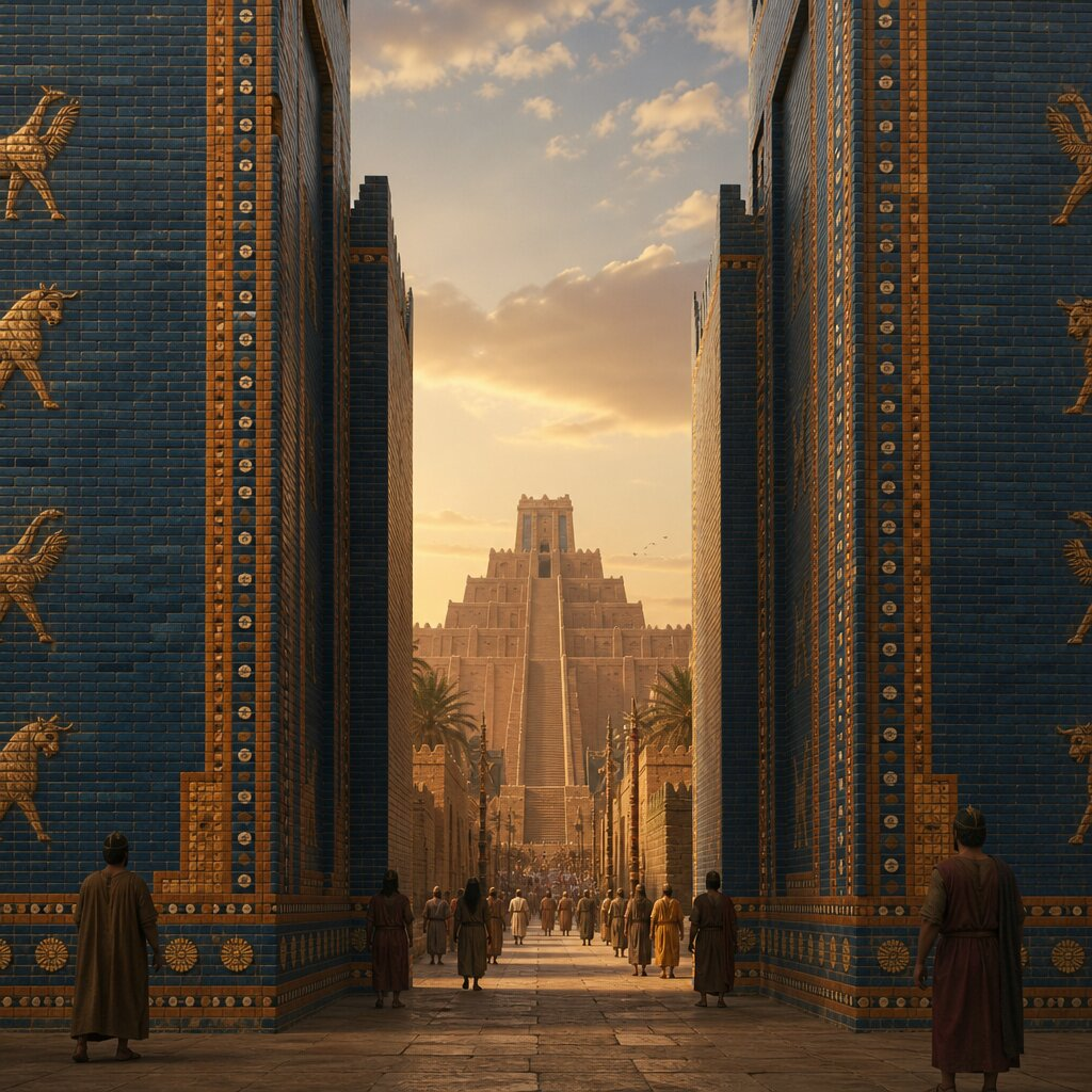 Illustration historique : Érection de la Porte d'Ishtar et Ziggourat Etemenanki
