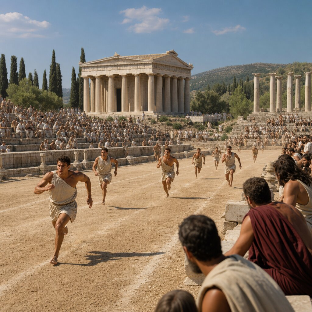 Illustration historique : Célébration des premiers Jeux Olympiques antiques à Olympie